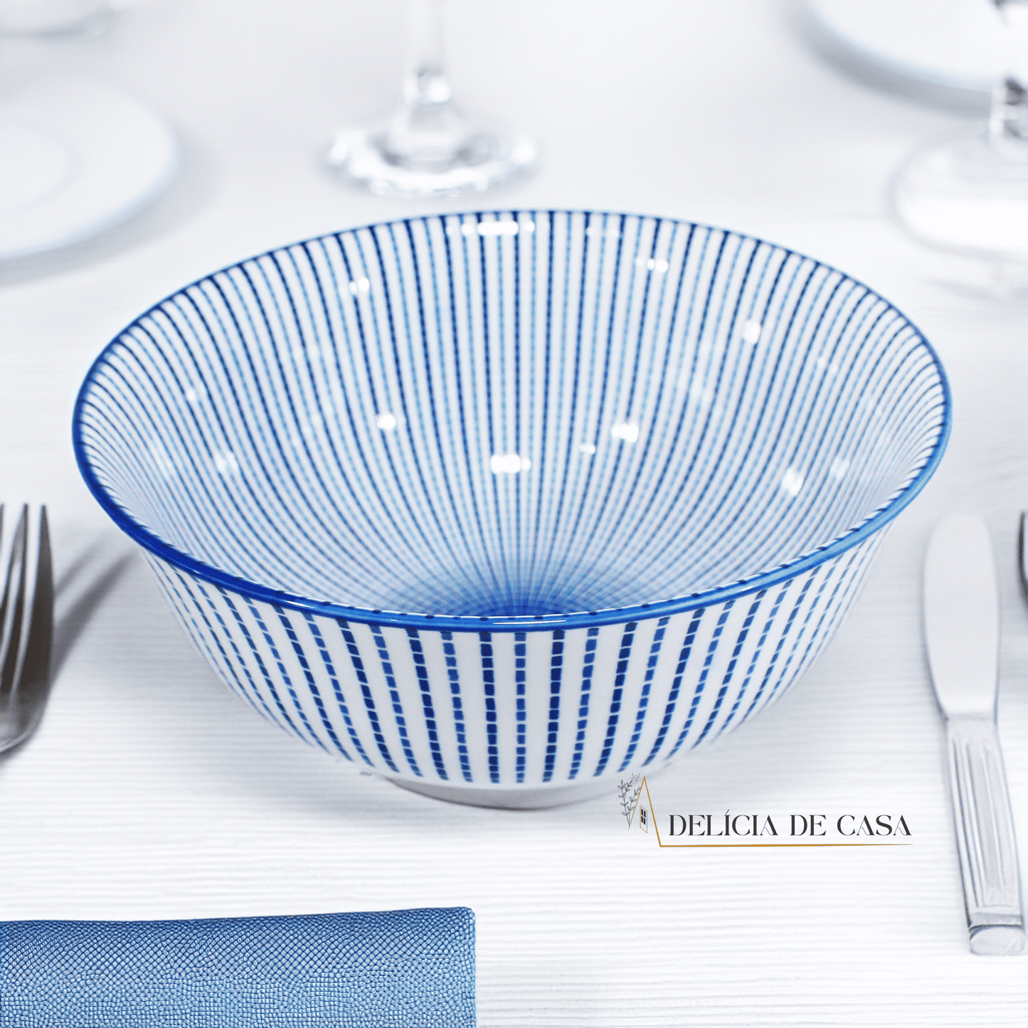Mesa Posta Tigela Bowl Porcelana Branca e Azul