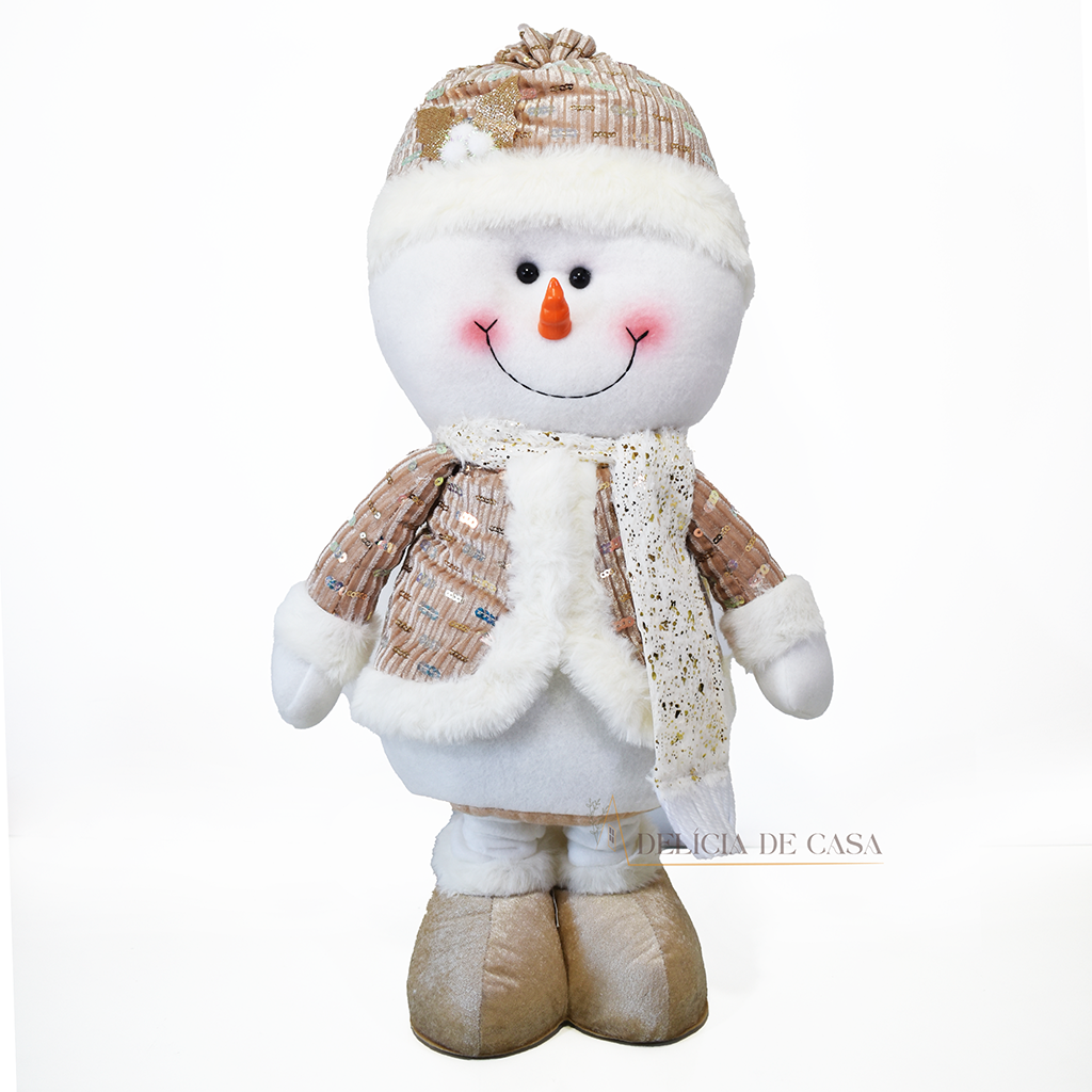 Boneco de neve de pelúcia natalino com pernas curtas decorando sala de estar
