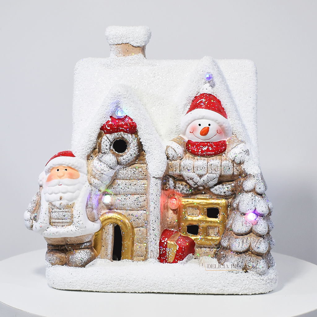 Casa Decorativa de Natal com Papai Noel e Boneco de Neve 22 cm – Enfeite Natalino Luz Led