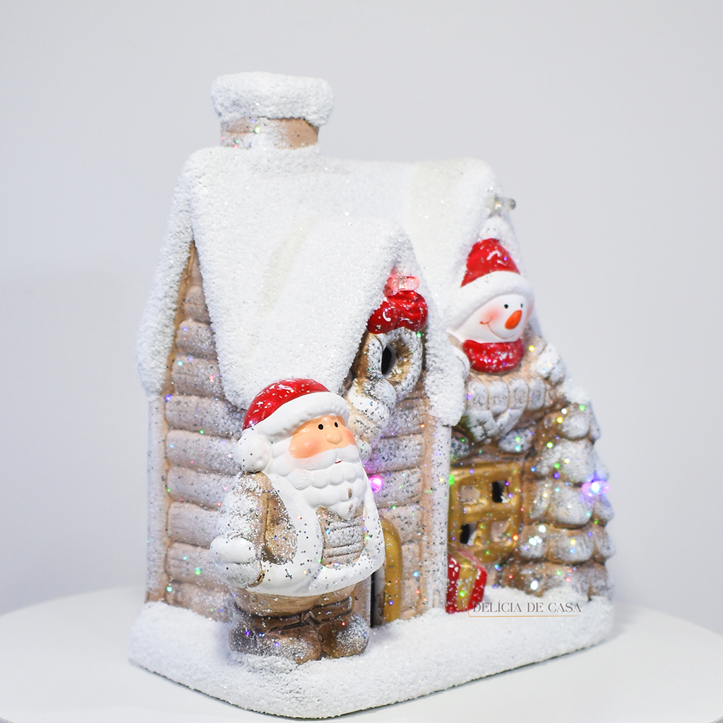 Casa Decorativa de Natal com Papai Noel e Boneco de Neve 22 cm – Enfeite Natalino Luz Led