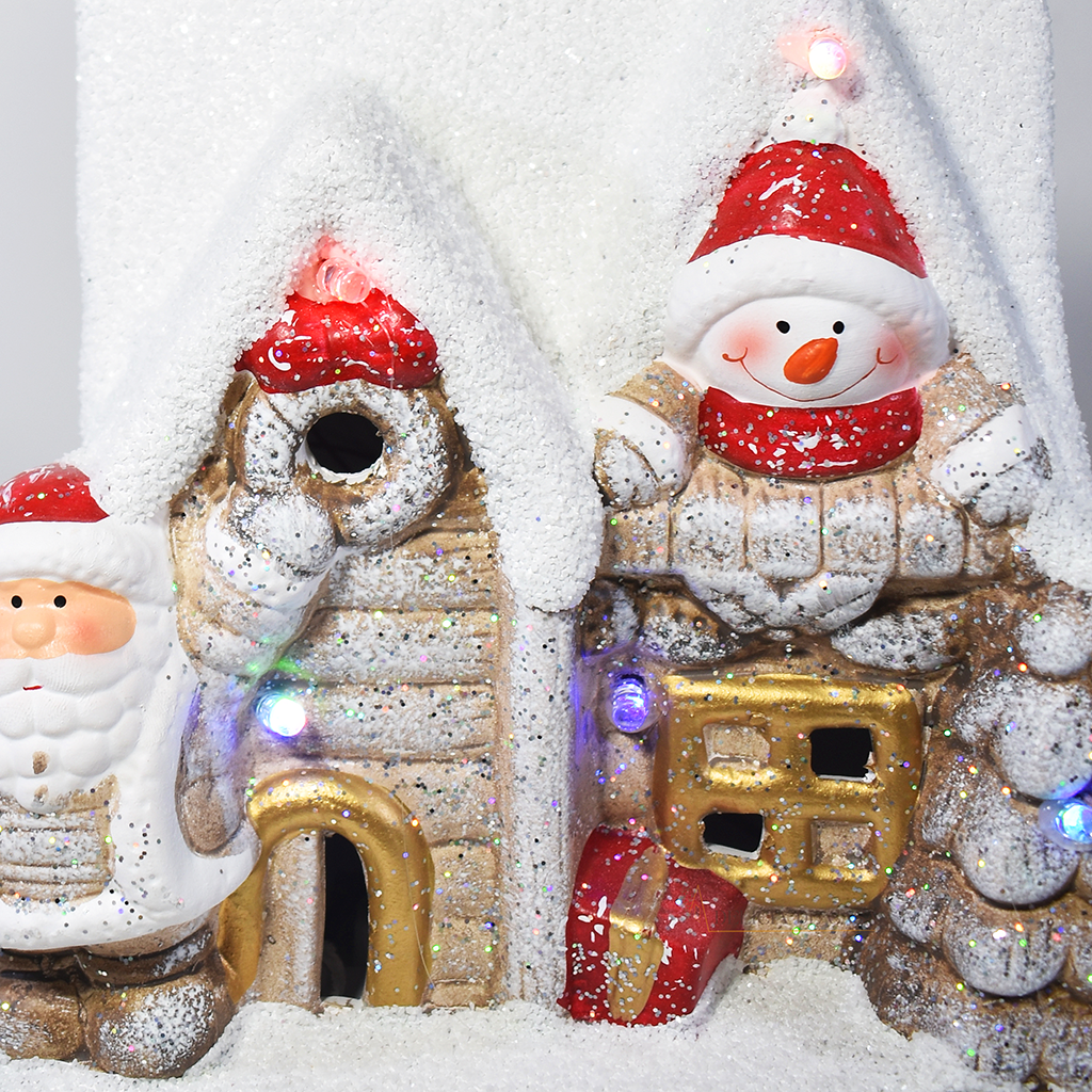 Casa Decorativa de Natal com Papai Noel e Boneco de Neve 22 cm – Enfeite Natalino Luz Led
