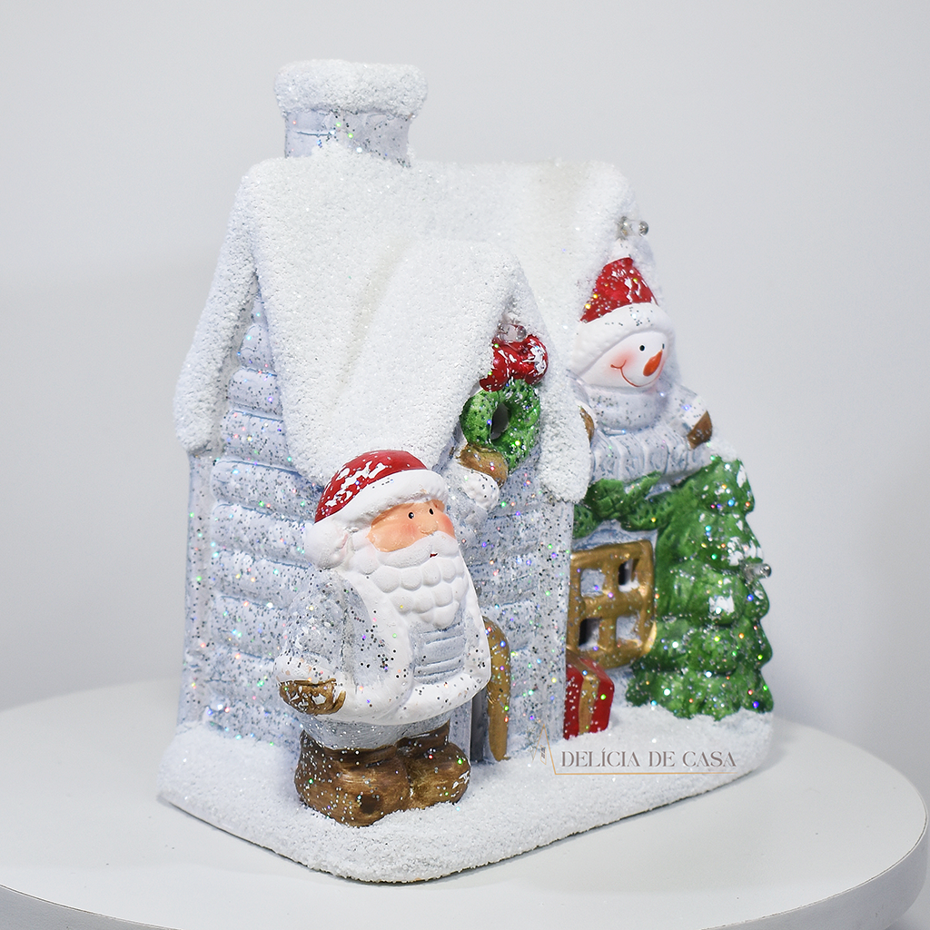 Casa Decorativa de Natal com Papai Noel e Boneco de Neve 22 cm – Enfeite Natalino Luz Led