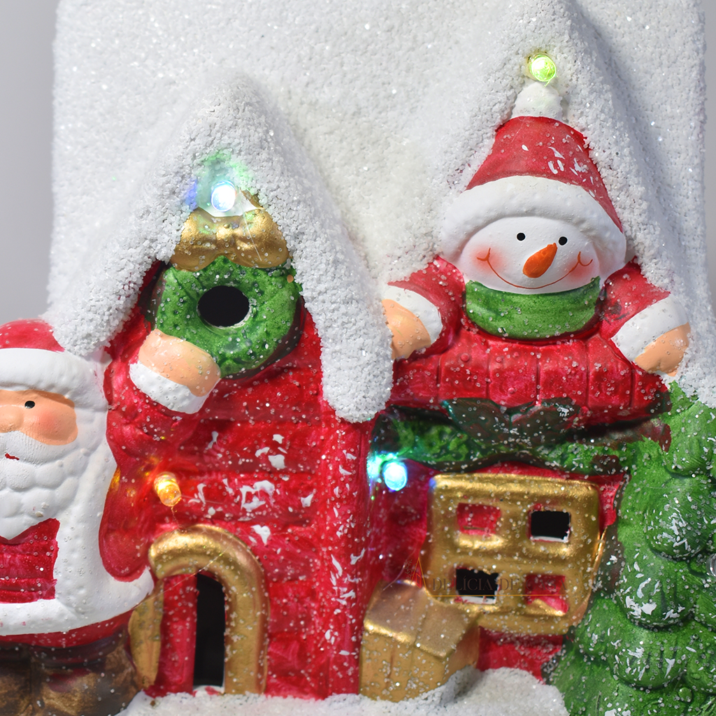Casa Decorativa de Natal com Papai Noel e Boneco de Neve 22 cm – Enfeite Natalino Luz Led