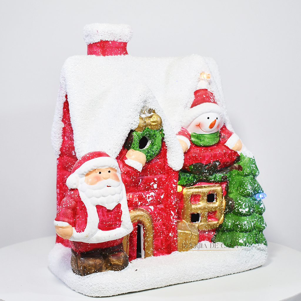 Casa Decorativa de Natal com Papai Noel e Boneco de Neve 22 cm – Enfeite Natalino Luz Led