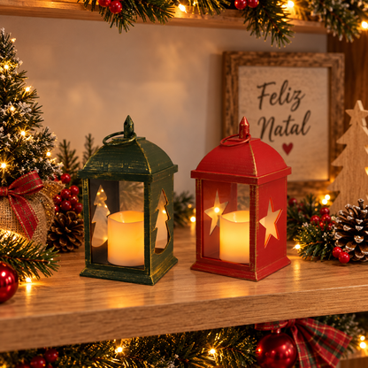Lanternas natalinas decorativas vermelha e verde de 23 cm com vela LED e recortes de estrelas e árvores de Natal.