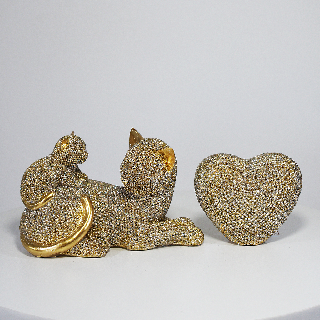 Escultura Decorativa Gatos Dourados com Brilho | Enfeite de Gatos Luxo para Decoração