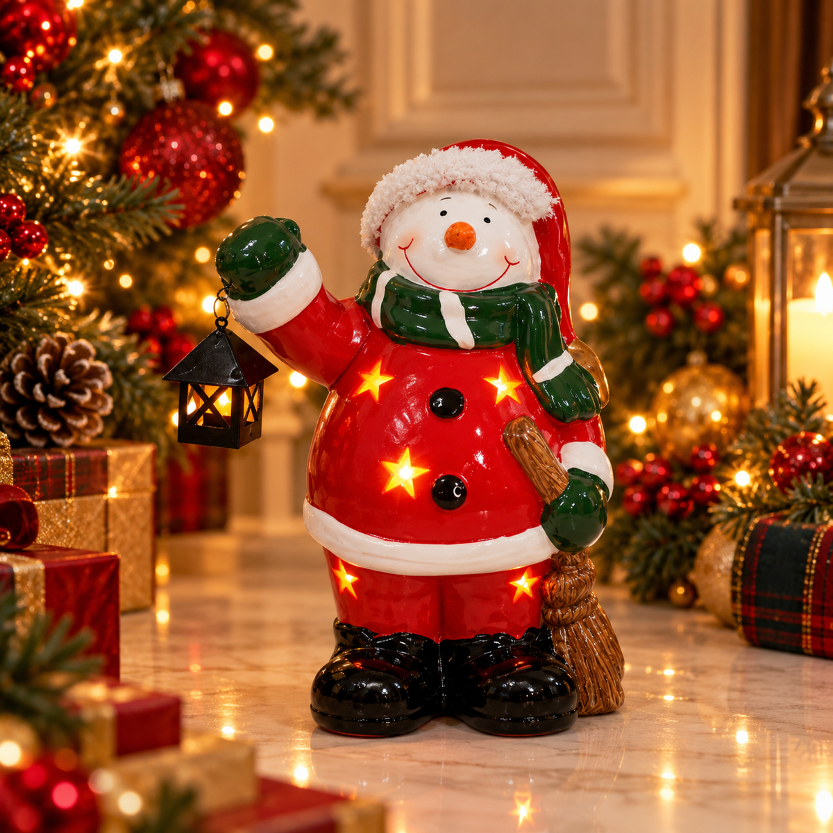 Boneco de Natal Decorativo em Cerâmica com Iluminação Led Decoração – Papai Noel ou Boneco de Neve