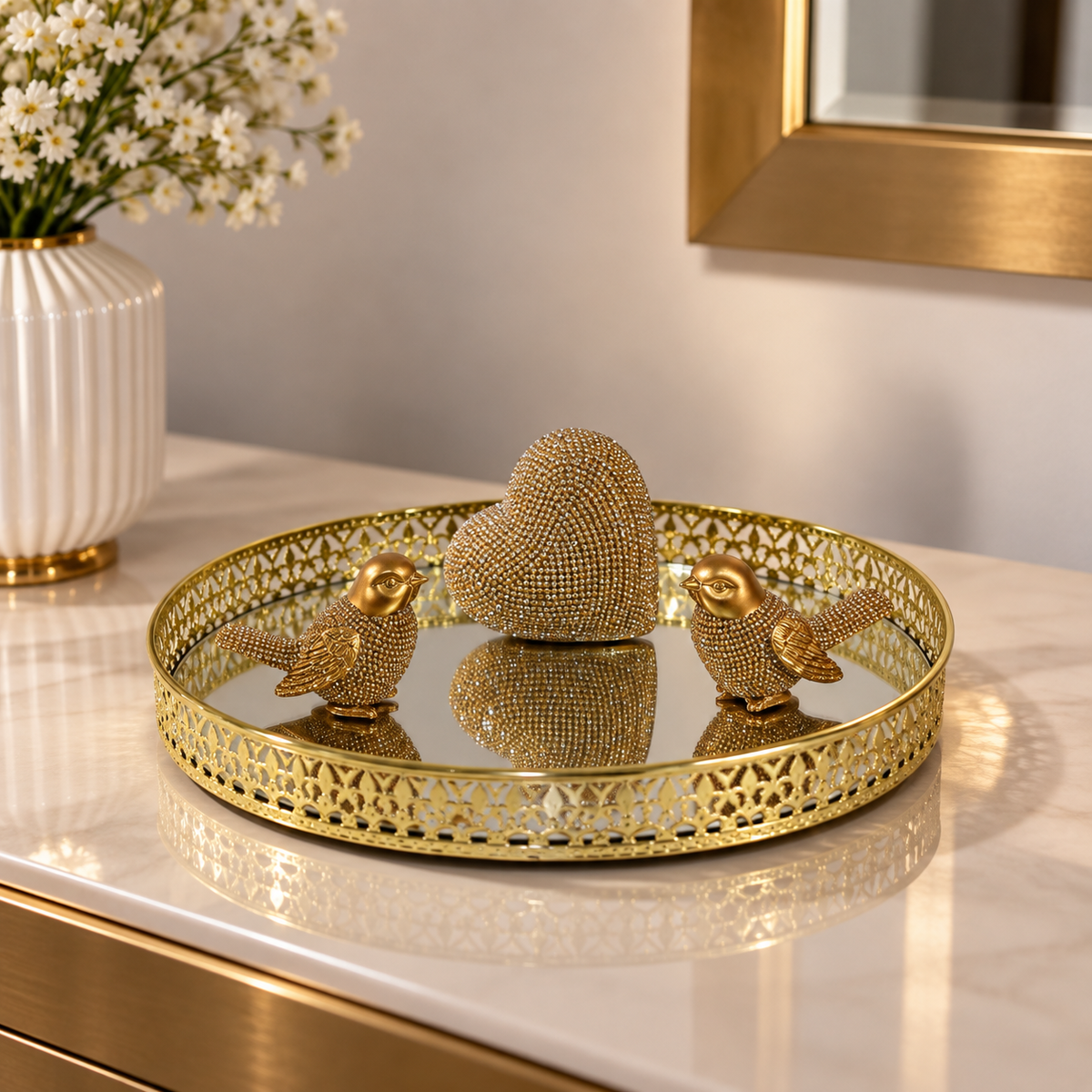 Kit bandeja espelhada dourada com dois pássaros e coração para decoração de casa elegante