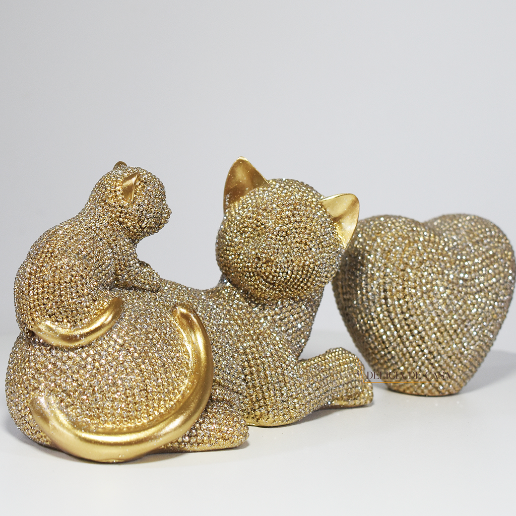 Escultura Decorativa Gatos Dourados com Brilho | Enfeite de Gatos Luxo para Decoração