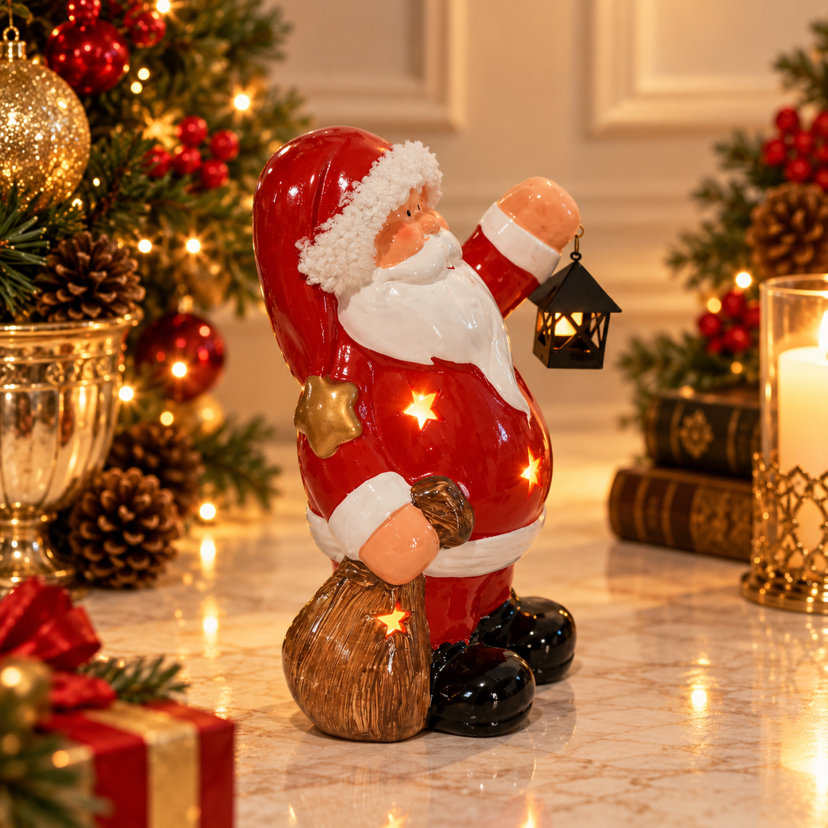 Boneco de Natal Decorativo em Cerâmica com Iluminação Led Decoração – Papai Noel ou Boneco de Neve