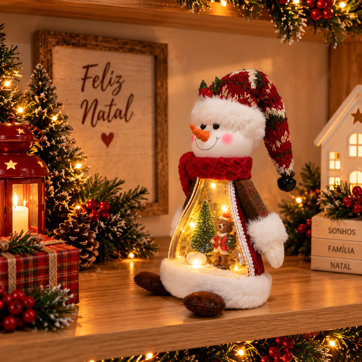 Bonecos de Natal Papai Noel e Boneco de Neve com luz LED e cenário natalino iluminado, 38 cm de altura.