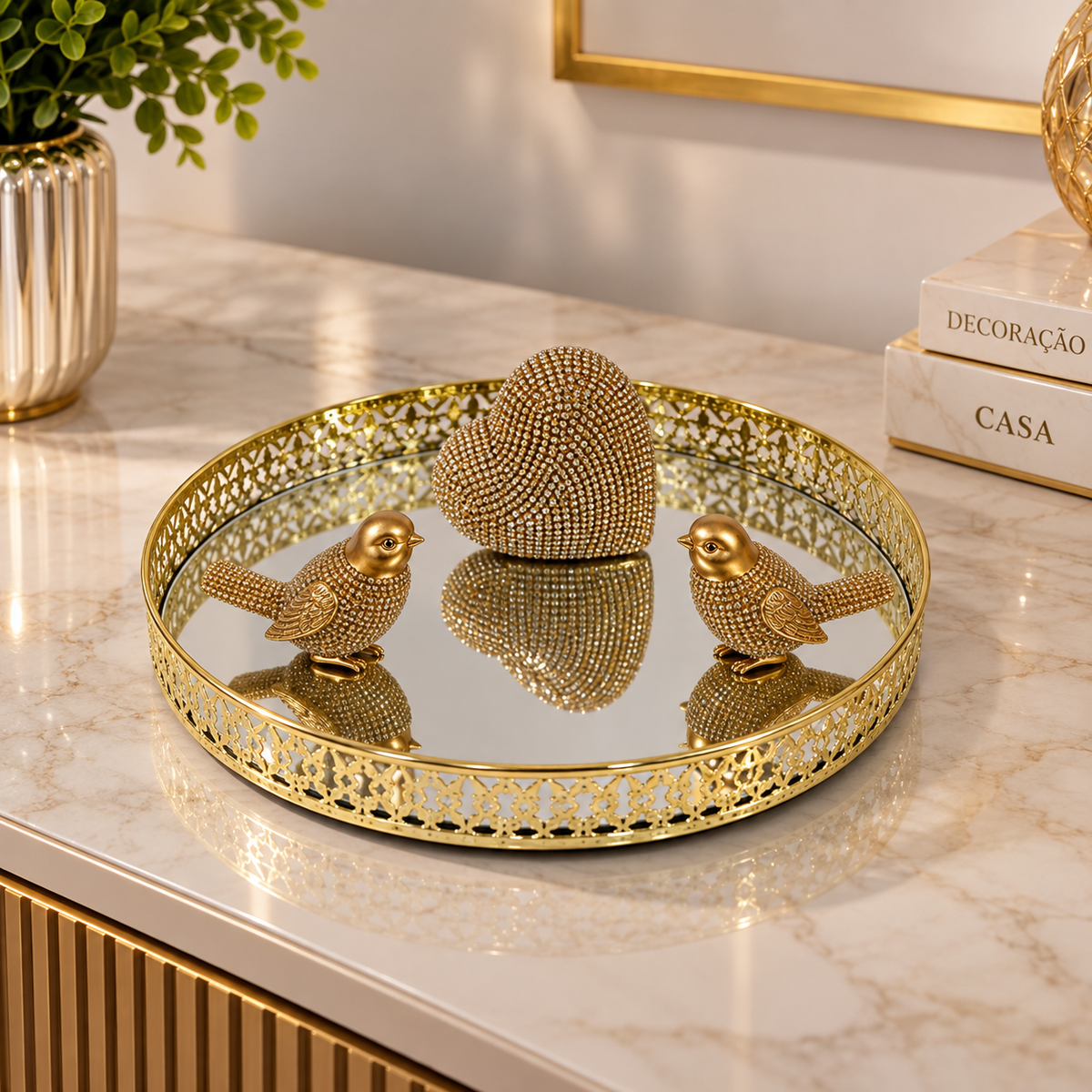 Kit bandeja espelhada dourada com dois pássaros e coração para decoração de casa elegante