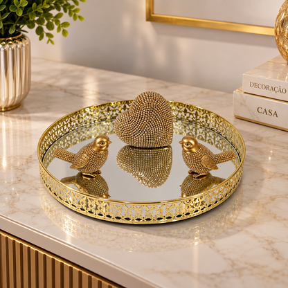 Kit bandeja espelhada dourada com dois pássaros e coração para decoração de casa elegante