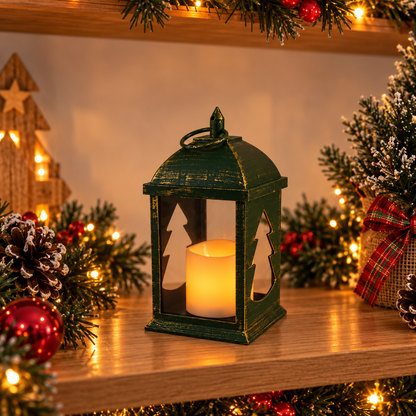 Lanternas natalinas decorativas vermelha e verde de 23 cm com vela LED e recortes de estrelas e árvores de Natal.