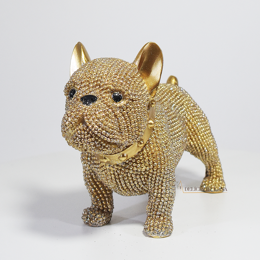 Escultura decorativa de Bulldog Francês dourado com cristais brilhantes, estátua de cachorro luxuosa para decoração de sala, mesa ou estante, peça moderna 15x11,5x6,5 cm