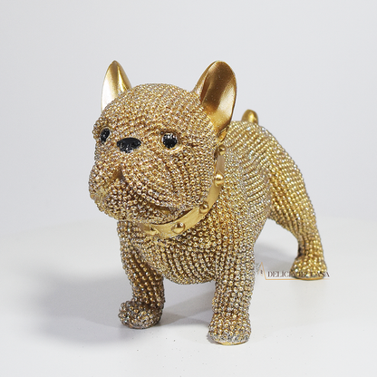 Escultura decorativa de Bulldog Francês dourado com cristais brilhantes, estátua de cachorro luxuosa para decoração de sala, mesa ou estante, peça moderna 15x11,5x6,5 cm