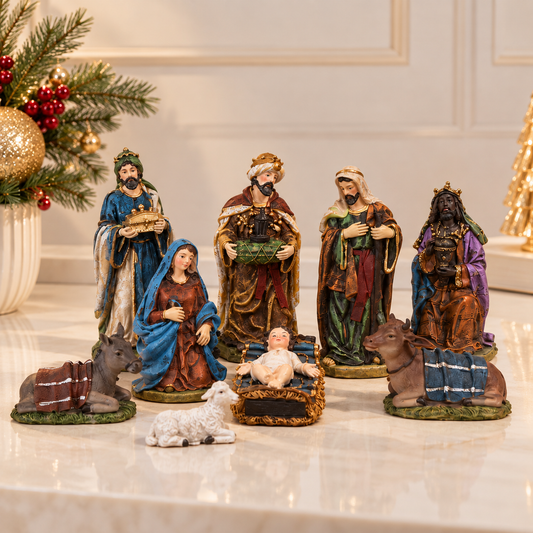 Presépio de Natal completo com 9 peças, Sagrada Família, Menino Jesus, Três Reis Magos e animais, com figuras de até 15 cm de altura.