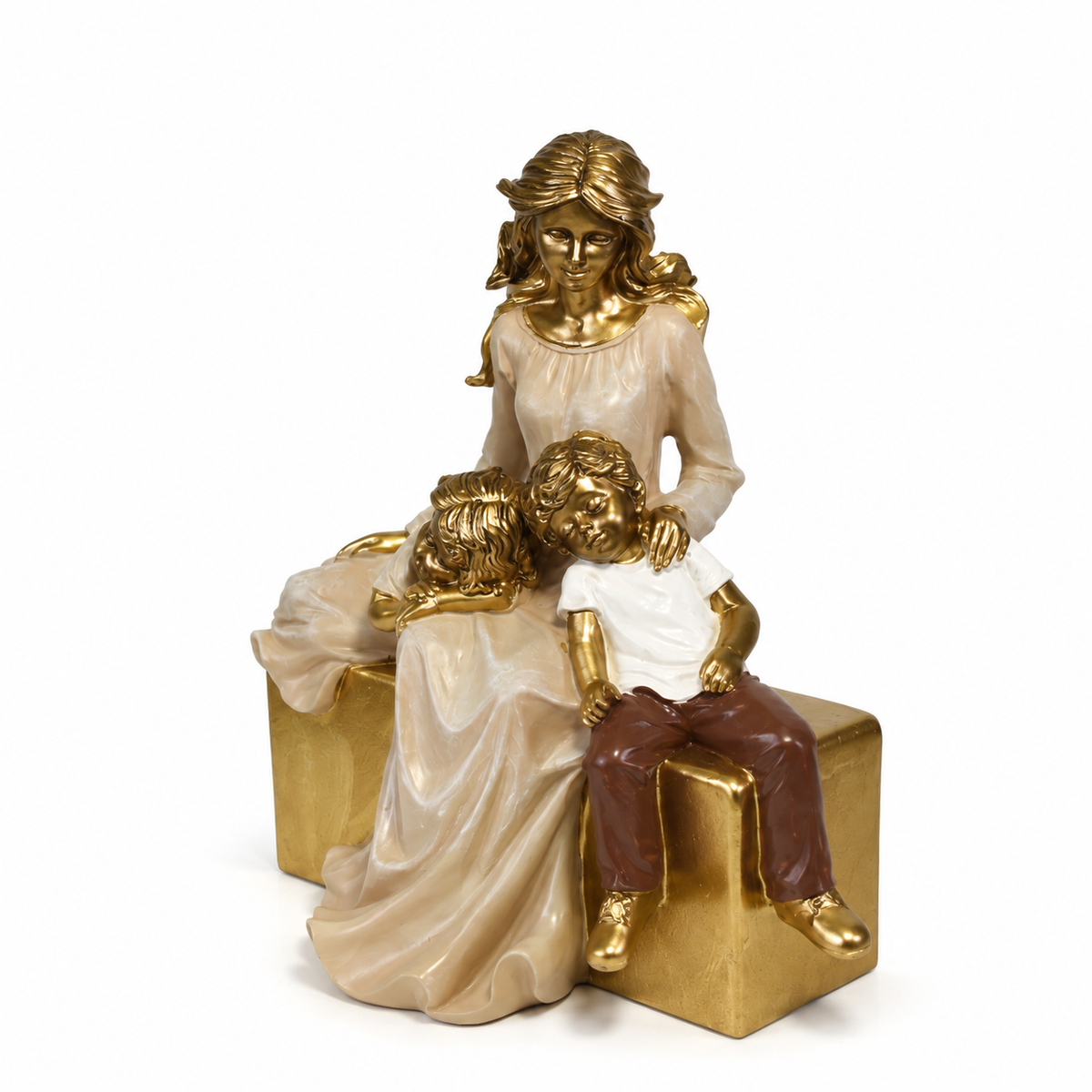 Escultura decorativa de mãe com casal de filhos para decoração de casa elegante
