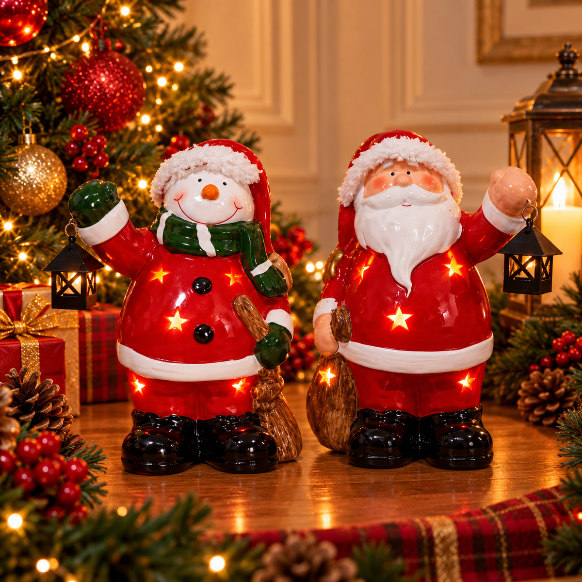 Bonecos decorativos de Natal em cerâmica com iluminação, opções de Papai Noel e boneco de neve para decoração natalina elegante.