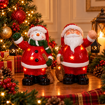Bonecos decorativos de Natal em cerâmica com iluminação, opções de Papai Noel e boneco de neve para decoração natalina elegante.