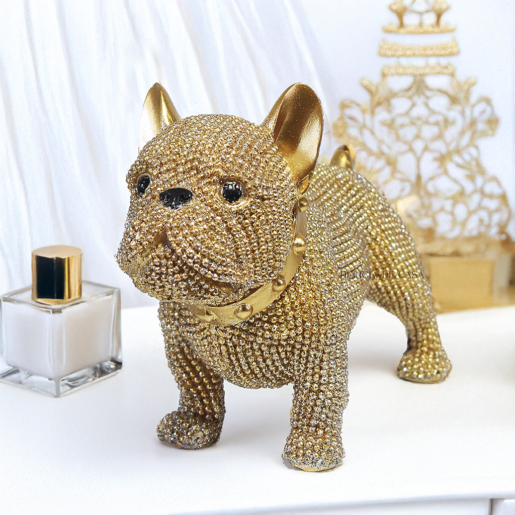 Escultura decorativa de Bulldog Francês dourado com cristais brilhantes, estátua de cachorro luxuosa para decoração de sala, mesa ou estante, peça moderna 15x11,5x6,5 cm