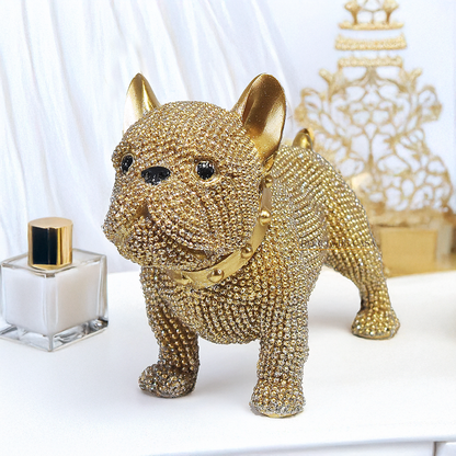 Escultura decorativa de Bulldog Francês dourado com cristais brilhantes, estátua de cachorro luxuosa para decoração de sala, mesa ou estante, peça moderna 15x11,5x6,5 cm