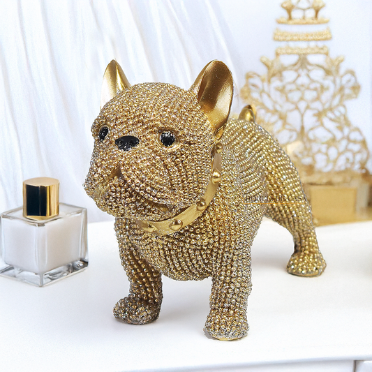 Escultura decorativa de Bulldog Francês dourado com cristais brilhantes, estátua de cachorro luxuosa para decoração de sala, mesa ou estante, peça moderna 15x11,5x6,5 cm