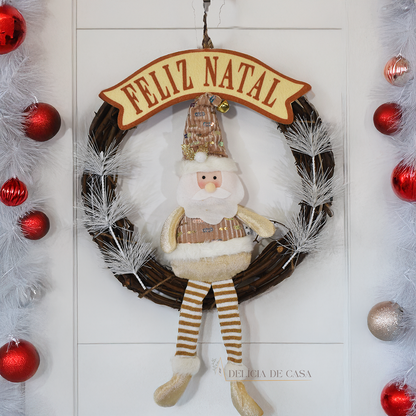 Guirlanda de Natal Papai Noel com placa Feliz Natal para porta