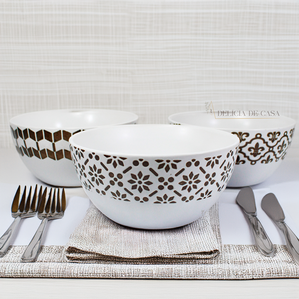 Mesa Posta Tigela Bowl Porcelana branca e dourada