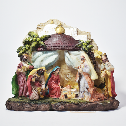 Presépio decorativo de Natal em resina com Sagrada Família e Reis Magos