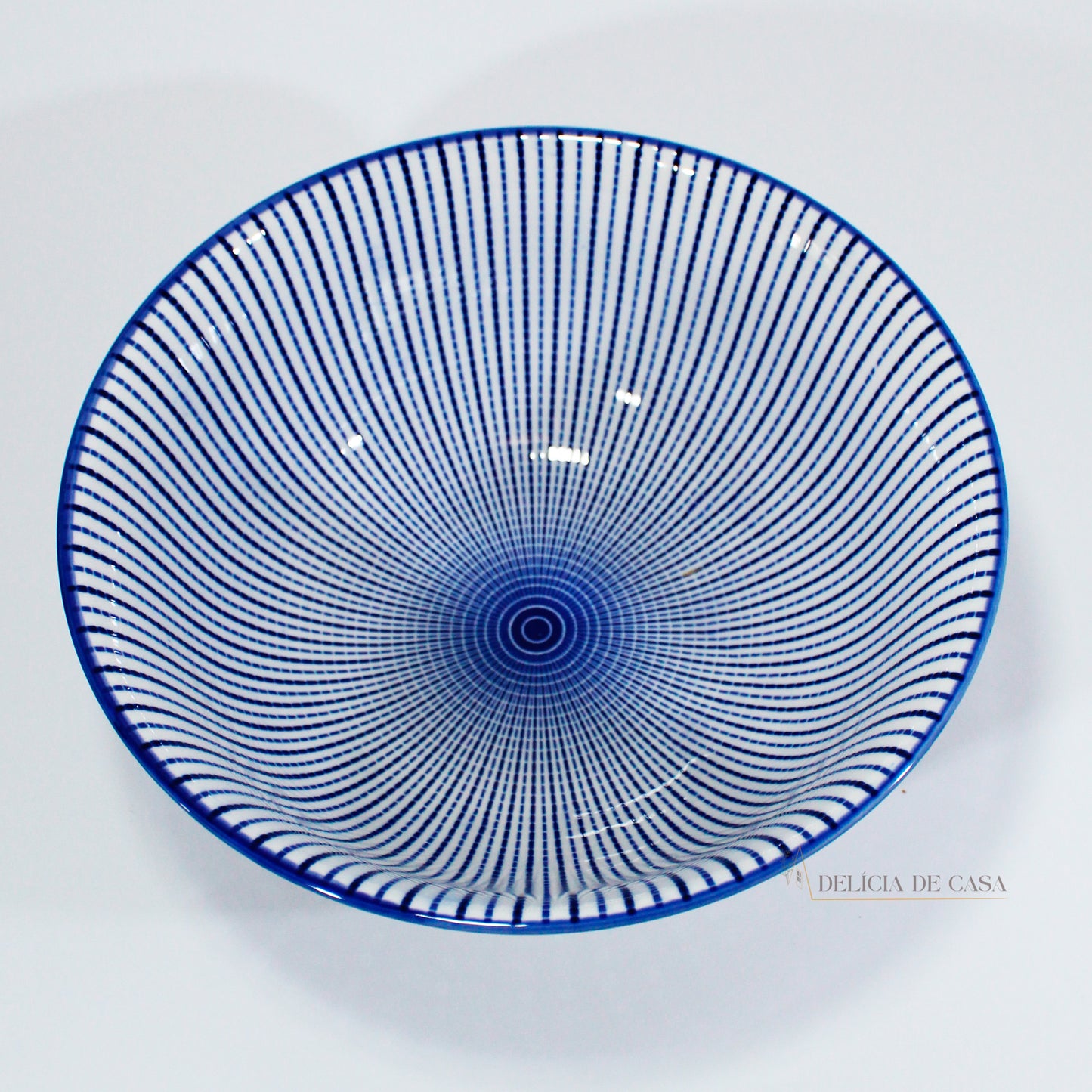Tigela Bowl Porcelana Branca e Azul listrada