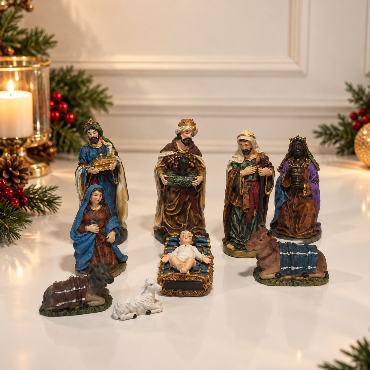 Presépio de Natal completo com 9 peças, Sagrada Família, Menino Jesus, Três Reis Magos e animais, com figuras de até 15 cm de altura.