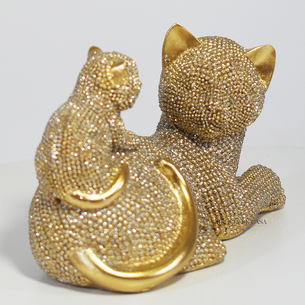 Escultura Decorativa Gatos Dourados com Brilho | Enfeite de Gatos Luxo para Decoração
