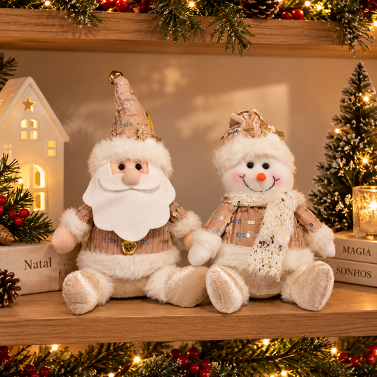 Bonecos decorativos de Natal Papai Noel e Boneco de Neve de 25 cm em tons de bege, branco e dourado para decoração natalina.