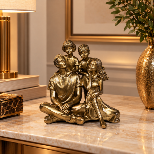 Escultura decorativa de família em bronze dourado com pai, mãe e dois filhos sentados, medindo 14,5 cm de altura, 14 cm de largura e 13,5 cm de profundidade.