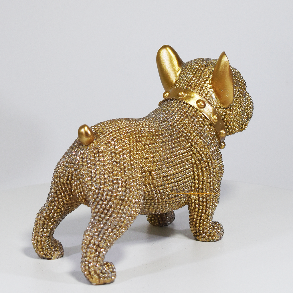 Escultura decorativa de Bulldog Francês dourado com cristais brilhantes, estátua de cachorro luxuosa para decoração de sala, mesa ou estante, peça moderna 15x11,5x6,5 cm