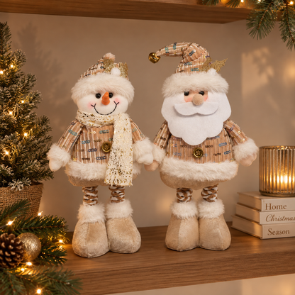 Boneco de Natal extensível Papai Noel ou Boneco de Neve com pernas ajustáveis de 30 a 48 cm em tons de bege, branco e dourado.