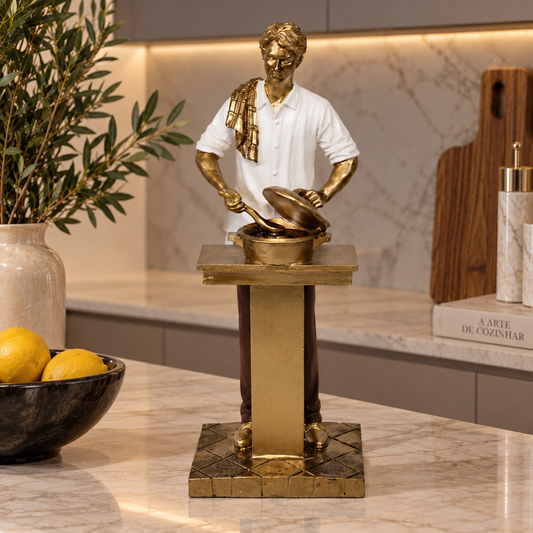 Escultura decorativa homem cozinheiro para decoração de cozinha e espaço gourmet