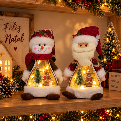 Bonecos de Natal Papai Noel e Boneco de Neve com luz LED e cenário natalino iluminado, 38 cm de altura.