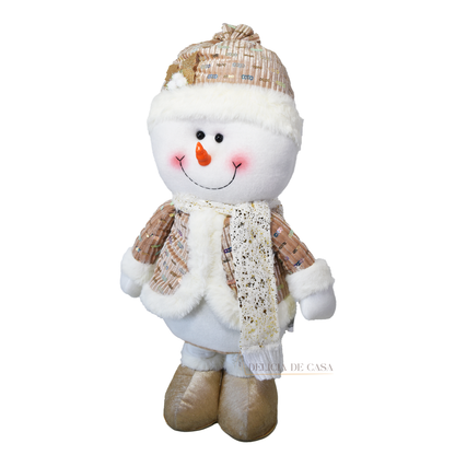 Boneco de neve de pelúcia natalino com pernas curtas decorando sala de estar
