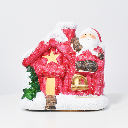 Casinha decorativa de Natal com Papai Noel e neve, feita em resina com glitter e luz interna, 12 cm de altura, nas cores bege, vermelho e cinza.