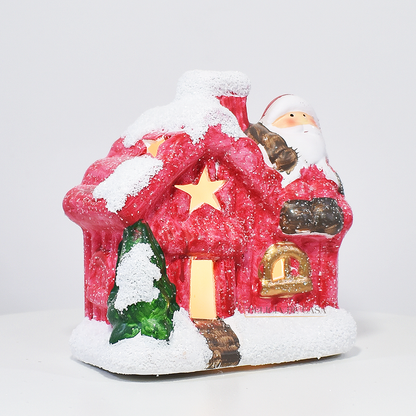 Casinha decorativa de Natal com Papai Noel e neve, feita em resina com glitter e luz interna, 12 cm de altura, nas cores bege, vermelho e cinza.