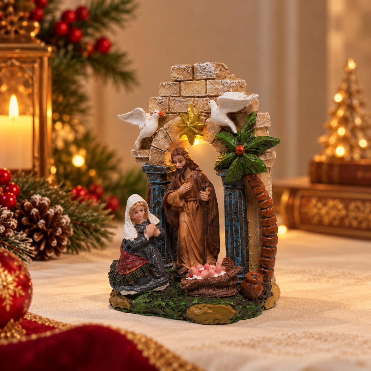 Presépio de Natal decorativo iluminado com Maria, José e Menino Jesus, arco de pedras e estrela dourada, medindo 13 cm de altura.