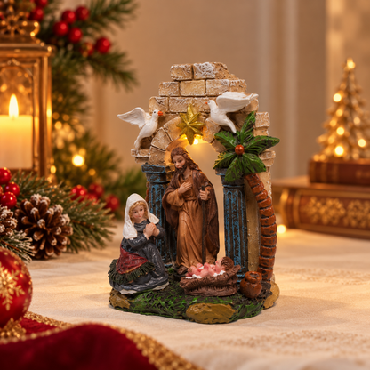 Presépio de Natal decorativo iluminado com Maria, José e Menino Jesus, arco de pedras e estrela dourada, medindo 13 cm de altura.