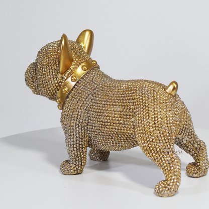 Escultura decorativa de Bulldog Francês dourado com cristais brilhantes, estátua de cachorro luxuosa para decoração de sala, mesa ou estante, peça moderna 15x11,5x6,5 cm