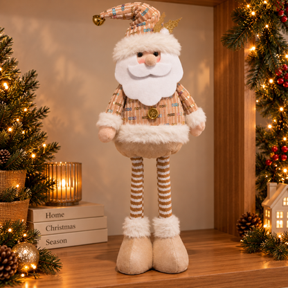 Boneco de Natal extensível Papai Noel ou Boneco de Neve com pernas ajustáveis de 30 a 48 cm em tons de bege, branco e dourado.