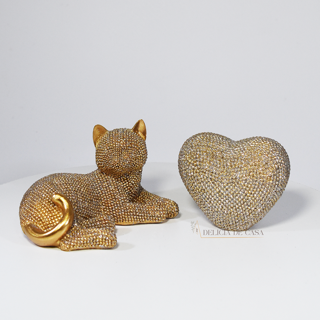 Escultura Decorativa Gatos Dourados com Brilho | Enfeite de Gatos Luxo para Decoração