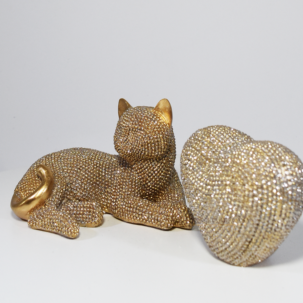 Escultura Decorativa Gatos Dourados com Brilho | Enfeite de Gatos Luxo para Decoração