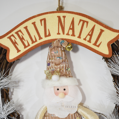 Guirlanda de Natal Papai Noel com placa Feliz Natal para porta