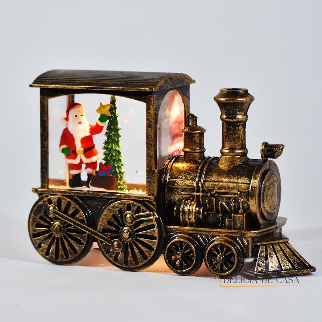 Luminária decorativa de Natal em formato de trenzinho vintage com Papai Noel e árvore de Natal iluminada por luzes LED